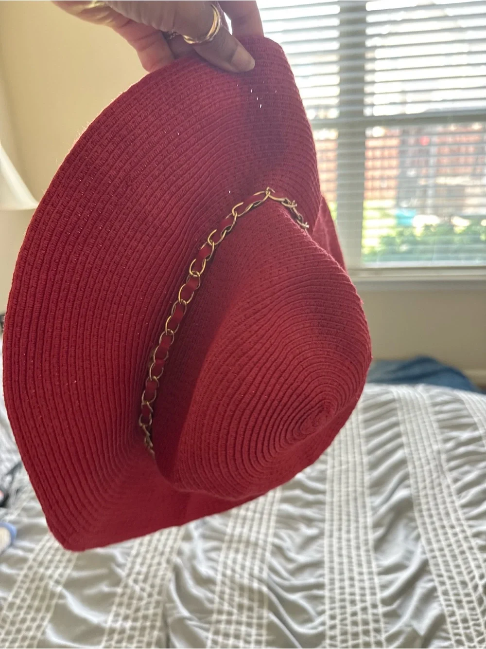 Stylish Red Wide-Brim Sun Hat with Gold Chain Accent